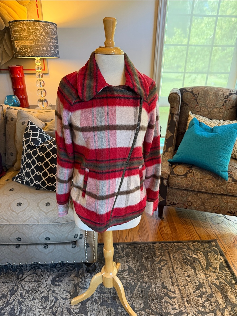 Cabi #3678 Plaid Zip-Front Women’s Jacket in Red and Pink